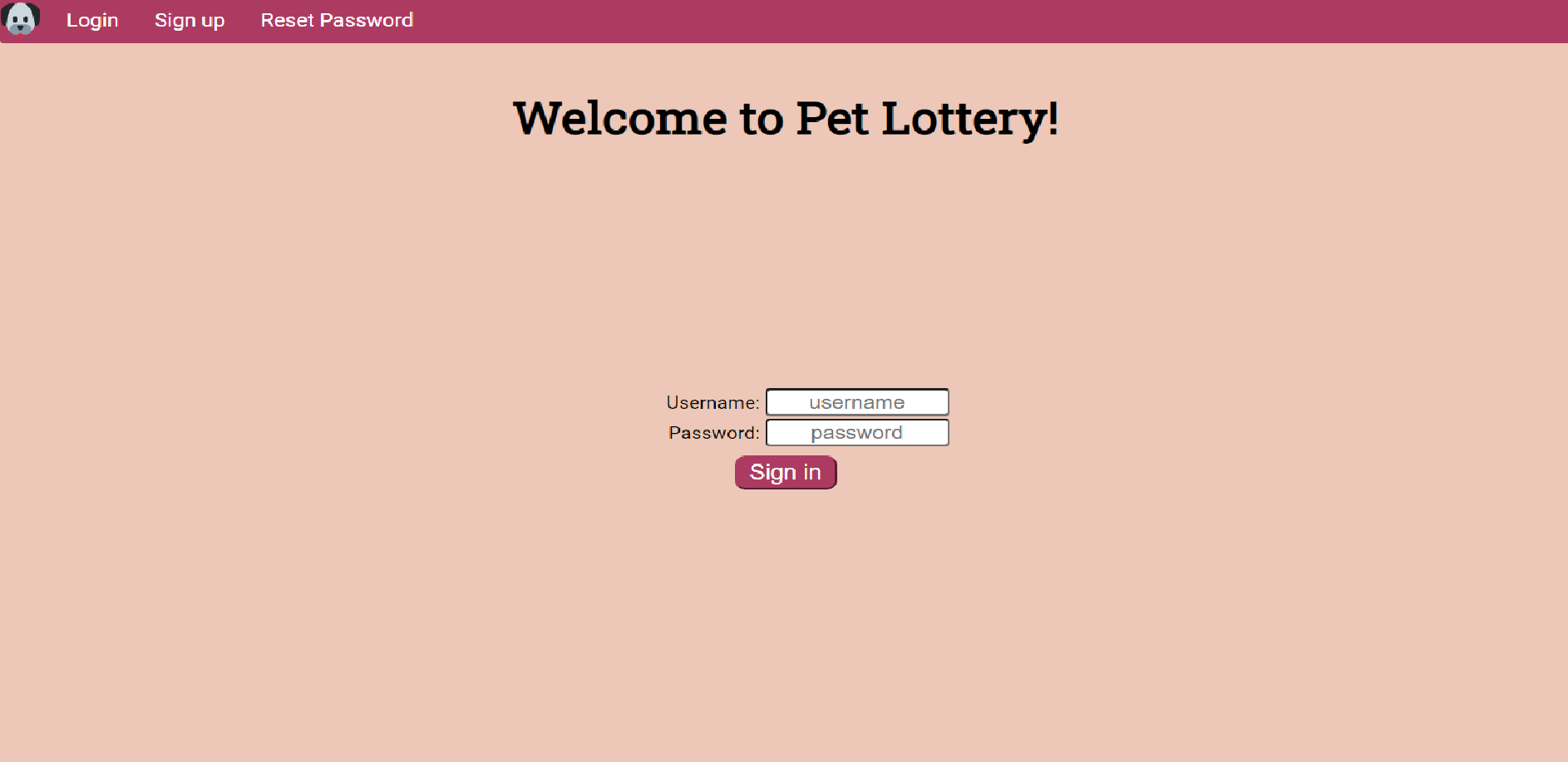 A screenshot of Pet Lottery Login Screen