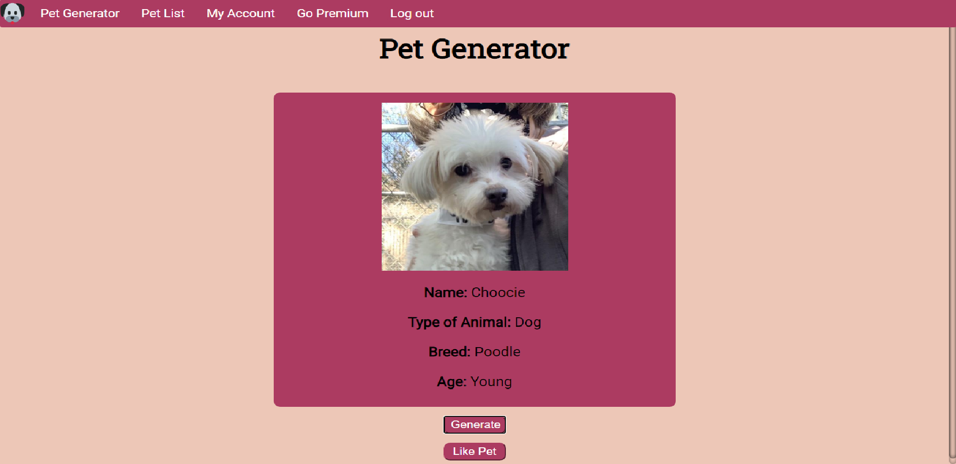 A screenshot of Pet Lottery Generator Screen