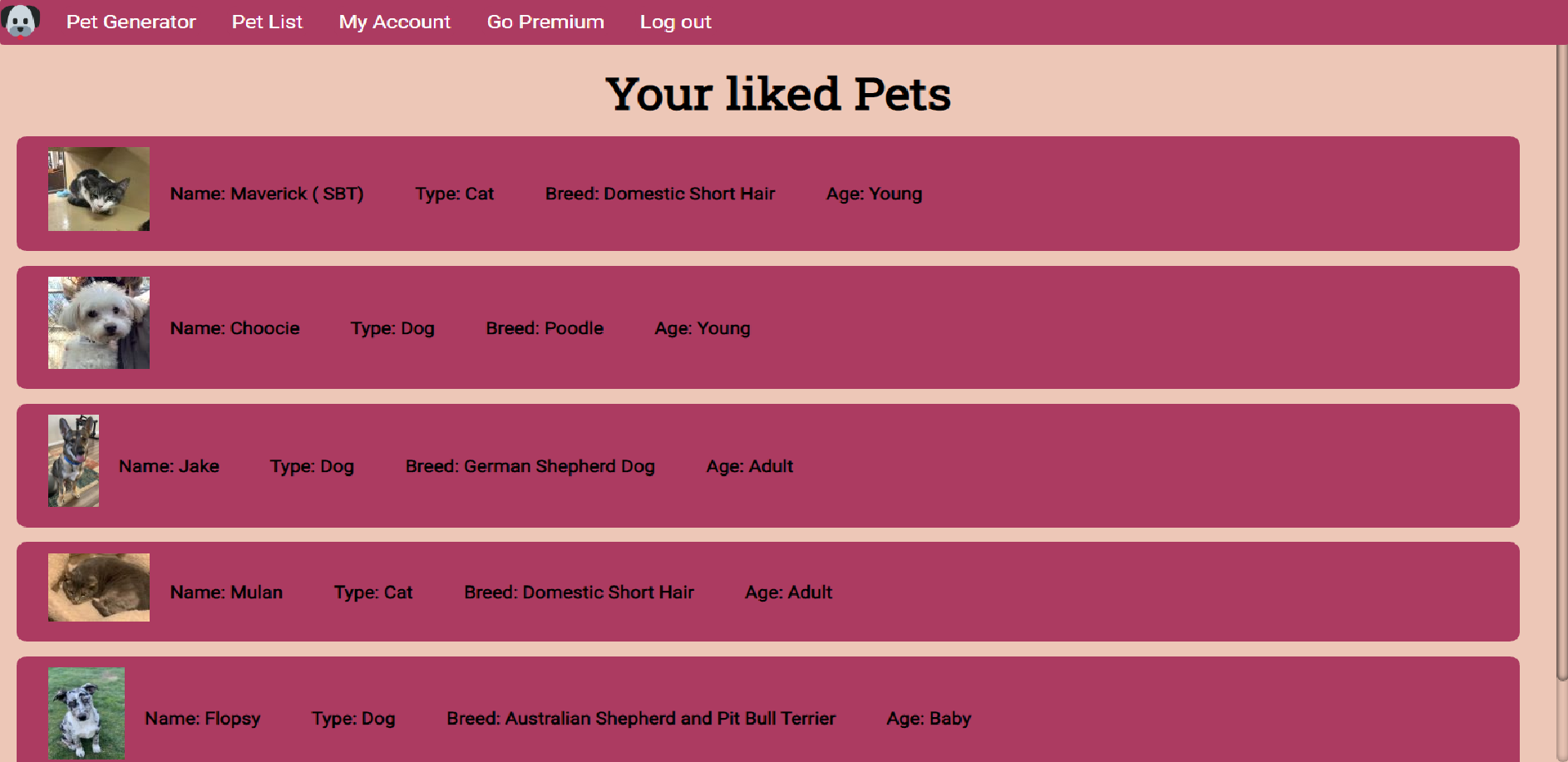 A screenshot of Pet Lottery Generator Screen